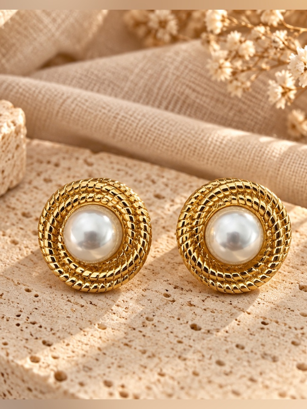 Gold Pearl Round Stud Earrings